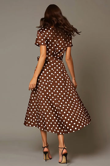 Brown Satin A-Line V-Neck Tea Length Polka Dots Dress